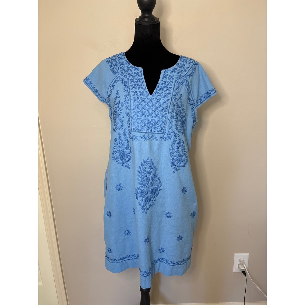 Roller Rabbit Blue Embroidered Cotton V-Neck Faith Dress Lined Pockets Medium